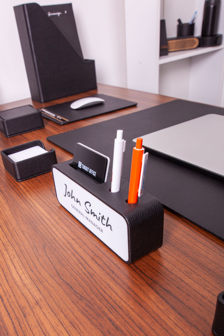 Leather Desk Nameplate with Black Pen and Business Card Holder, White Plate